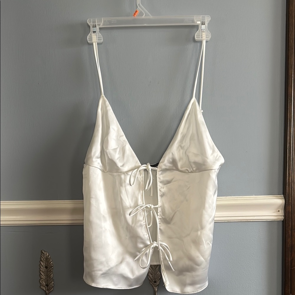 Zara White Tank Top Satin V-Neck